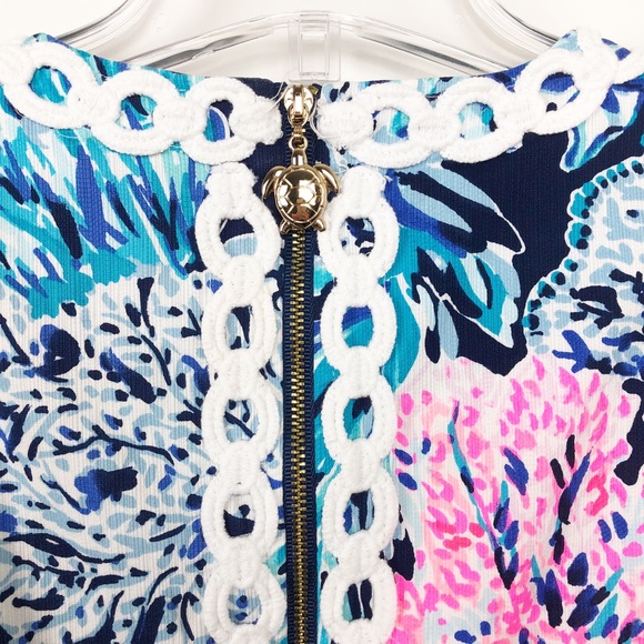 Lilly Pulitzer Floral Turquoise Blue,and Pink Dress with White Lace Trim - 0 - Picture 4 of 6